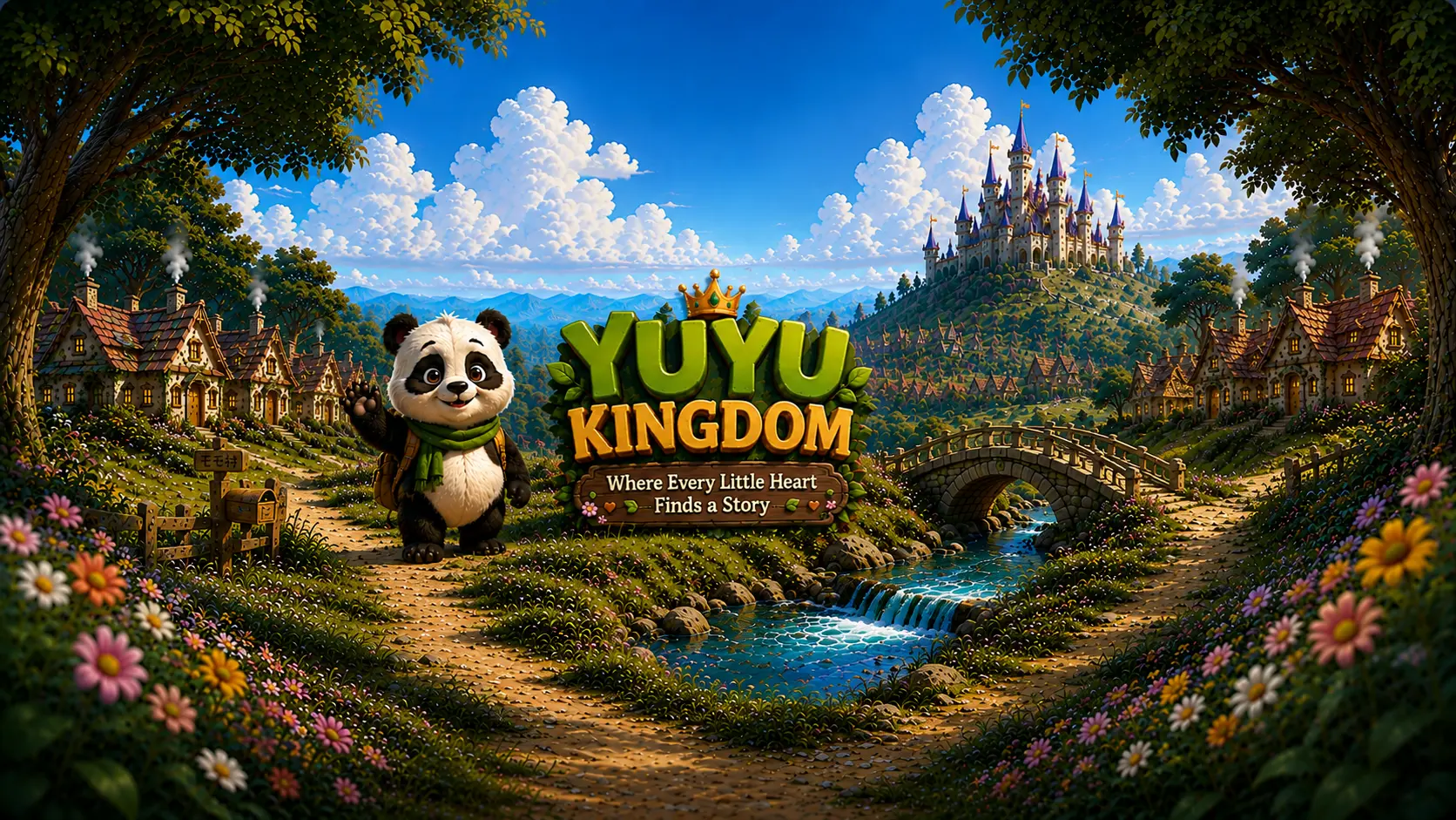 Yuyu Kingdom — a woodland valley with a village, stone bridge, hilltop castle and Momo the panda waving
